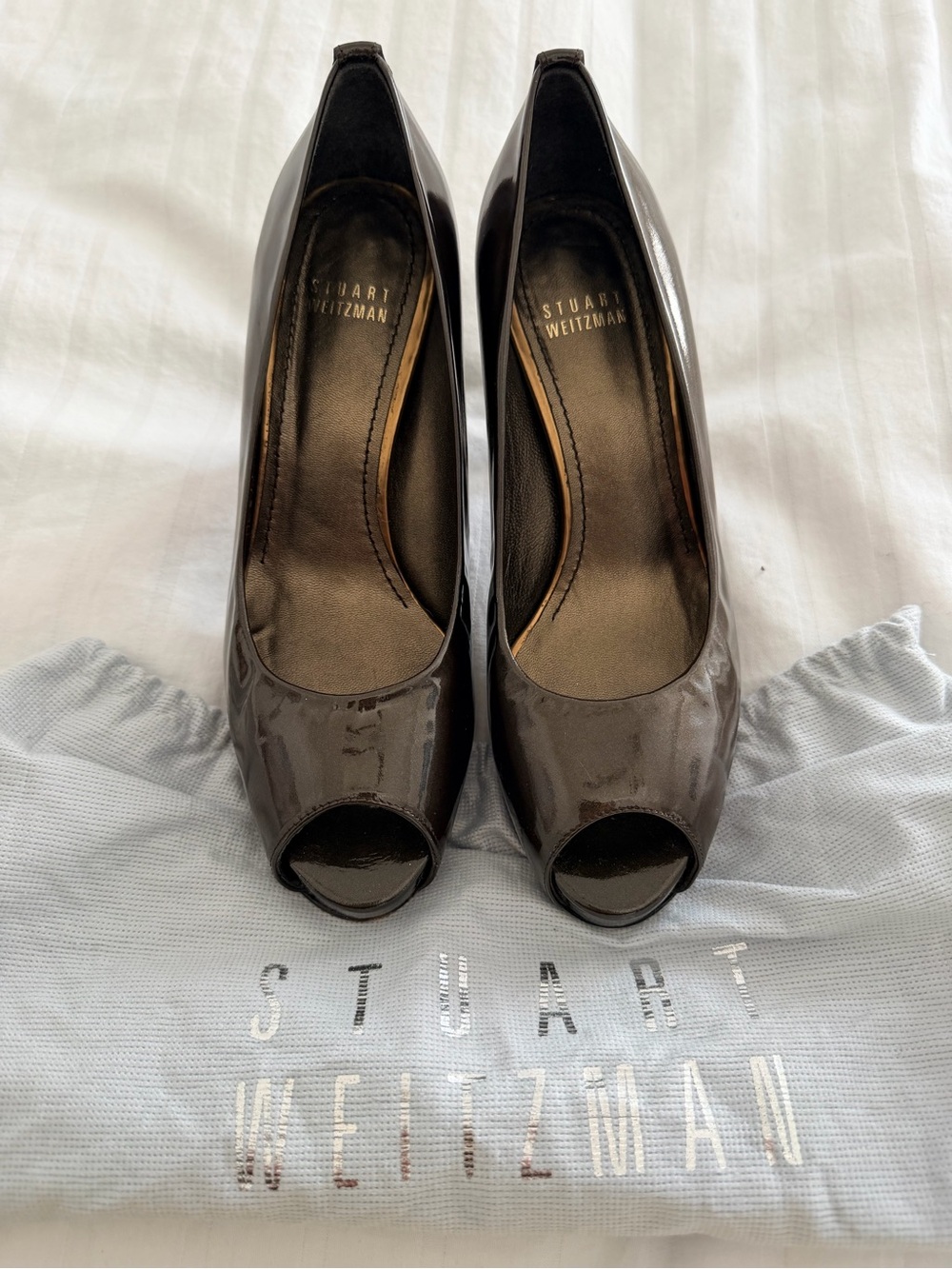 Stuart Weitzman Glossy Peep-Toe Pumps in Dark Brown Patent